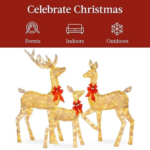 Best Choice Products 3-Piece Large Lighted Christmas Deer Family Set 5Ft Outdoor Yard Decoration with 360 LED Lights, Stakes, Zip Ties - Gold thumbnail 7