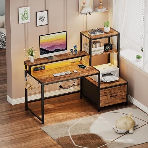 GreenForest Computer Desk with Drawers and Monitor Stand, Home Office Desk with Storage Shelves, Small Gaming Desk with Power Outlets and LED Lights for Study Writing Working, 51 inch Walnut thumbnail 2