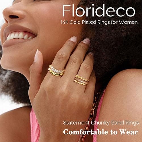 Florideco Stackable Rings for Women Non Tarnish Dainty 14K Gold Plated Stacking Cubic Zirconia Thumb Ring Set Trendy Statement Chunky Band Rings Promise Engagement Rings Size 6-10 thumbnail 2