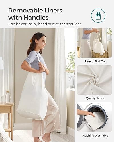 SONGMICS Laundry Hamper with Lid, 110L Clothes Hamper with 2 Removable Liner Bags, 6 Mesh Bags, Wicker Laundry Basket, Double Laundry Hamper for Bathroom, 13 x 22.4 x 23.6 Inches, Natural ULCB52NL thumbnail 5