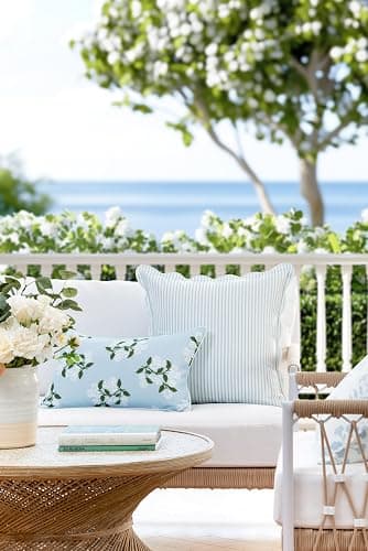 Hofdeco Premium Coastal Patio Indoor Outdoor Scalloped Throw Pillow Cover Only, 20"x20" Water Repellent for Backyard, Couch, Baby Blue Print Stripes thumbnail 2