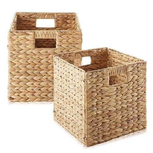 Casafield 10.5" x 10.5" Water Hyacinth Storage Baskets, Natural - Set of 2 Collapsible Cube Organizers, Woven Bins for Bathroom, Bedroom, Laundry, Pantry, Shelves - 2-Pack - Natural - Image 1