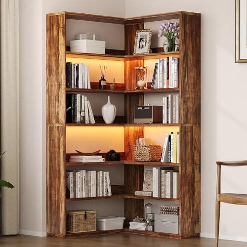 4 EVER WINNER Corner Bookshelf, 6 Tier Bookcase with LED Light and Storage, Industrial Tall Bookshelf Etagere Bookcase, 71” Corner Book Shelf with Storage Display Rack with Baffles for Home Office - Image 1