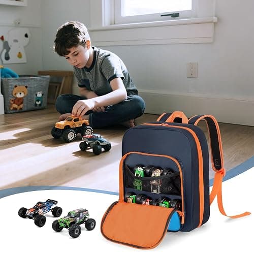 CURMIO Toy Cars Storage Backpack Compatible with Monster Jam Trucks/Hot Wheels 1:64 Scale Monster Trucks, Portable Carrying Case Bag with Front Pocket for Monster Truck, Dark Blue (Bag Only) thumbnail 2
