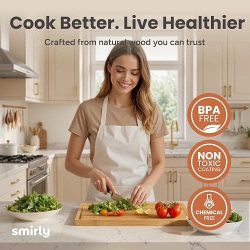 SMIRLY Bamboo Cutting Boards for Kitchen - Wood Cutting Board for Meal Prep, Serving, Charcuterie - Kitchen Gadgets, House Warming Gifts - Wooden Chopping Board Set of 3 with Holder - Natural Bamboo thumbnail 7