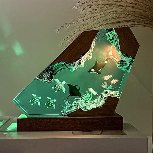 Orca Ocean Resin Lamp, Handmade Wooden Table Resin Night Light, USB Port Art Ornaments for Home Office Decor, Scuba Diver Gifts for Holiday, Unique Birthday Gifts for Mom Grandma Brother Sister thumbnail 5