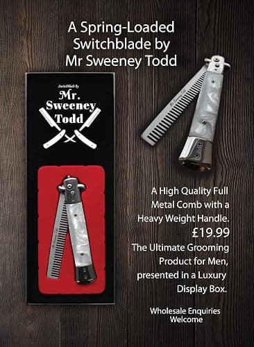 Stainless Steel Switchblade Foldable Comb (Black) - Push Button - Mr Sweeney Todd Flick Comb/Display Box thumbnail 5
