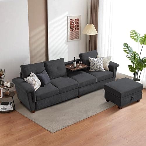 Pingliang Home 4-Seat Sectional Couches for Living Room, Bedroom, Office, L Shape Convertible Sectional Sofa Couch with Ottoman and Cup Holders, Dark Grey thumbnail 8