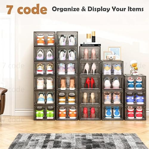 7 code Thicken & Sturdy Clear Shoe Storage Organizer with Magnetic Door, Stackable Boxes for Closet, Foldable Shoe Rack for Sneaker Boot Container, Plastic Shoe Cabinet Shoe Box 6 Pack, Black thumbnail 9