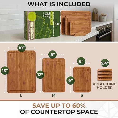 Bamboo Cutting Board Set of 3 with Holder – Durable Wooden Boards for Kitchen, Chopping & Serving – Eco-Friendly by Woodenhouse thumbnail 3