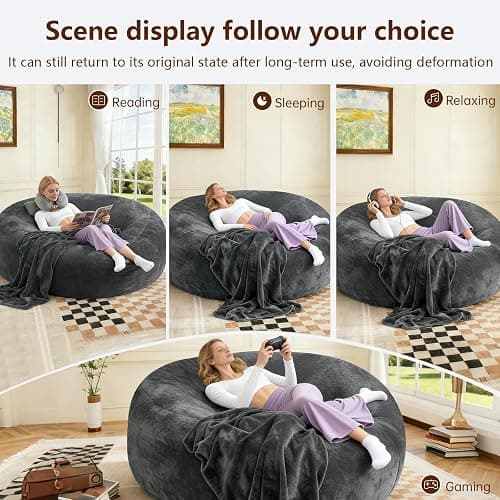 Big Bean Bag Chairs for Adults ，6FT Bean Bag Chair with Filler Memory Foam Chair Super Soft Plush, Living Room Furniture, Suitable for bedrooms, Comfy Lounge Reading Chairs (DarkGrew, 6FT) thumbnail 7