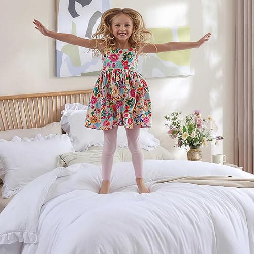 JANZAA Twin Comforter Set White Comforter Ruffled Comforter Set Soft Twin Size Bed Set Vintage Farmhouse Bed Comforter Set Fluffy Shabby Chic Bedding with 1 Pillowcase thumbnail 2