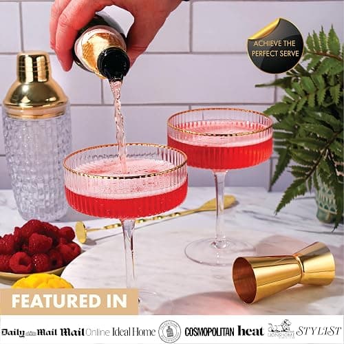 Vemacity Kit Cocktail - Shaker. Cocktail Professionale con Coperchio Oro 450ml + 2 Bicchieri Martini con Bordi Oro + Cucchiaio Bar e Jigger | Set Elegante per Barman | Ideale per Fare un Regalo thumbnail 6