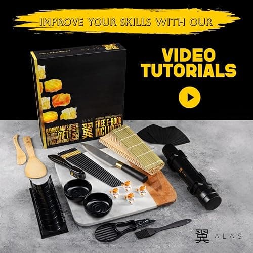 Alas Sushi Making Kit- Complete Sushi Making Kit for Beginners & Pros Sushi Makers, Perfect Sushi Making Kitchen Accessories Like Sushi Knife, 2 Sushi Mats, Rice Bazooka, Dipping Plate, & More (Black) thumbnail 4