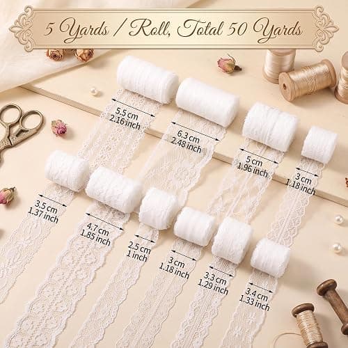 mypartyco 50 Yards White Lace Ribbon 10 Rolls 1 inch to 2.5 inch Width | Vintage Cotton Lace Trim Fabric for Crafts Sewing Dress Clothes Wedding Bridal Decor (5 Yards/Roll) thumbnail 3