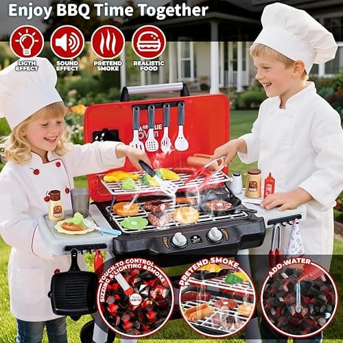 Kids Play Kitchen Toys, Kids BBQ Grill Playset with Smoke Sound Light, 2-Layer Barbecue Toy with Wheel, Outdoor Play Grill Toys for Toddlers 3-5, Play Food Toys Cooking Set, Birthday Gift for Boy Girl thumbnail 4