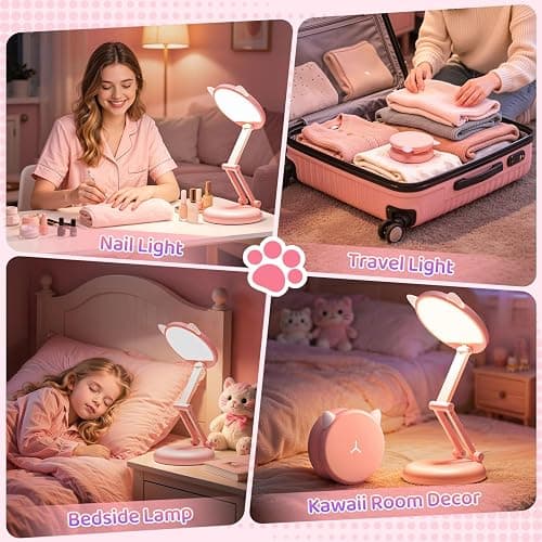 One Fire Cute Desk Lamp Pink Dorm Lamps for College Girls Foldable Portable Rechargeable Dimmable Cute Cat Lamp Kawaii Room Decor,College Dorm Decor for Girls Pink Classroom Essentials thumbnail 7