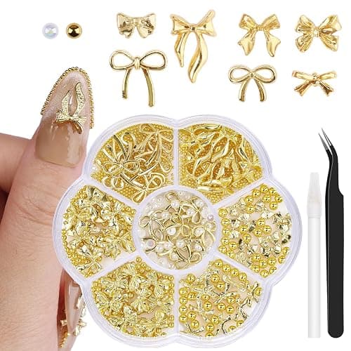 3D Metal Alloy Nail Bows Kit - Silver & Gold Bowknot Charms with 1-3mm Mini Caviar Beads, Tweezers, Pickup Pencil, Cute Nail Charms and Gems Jewelry in Petal-shaped Box (Gold-kit-1) - Image 1