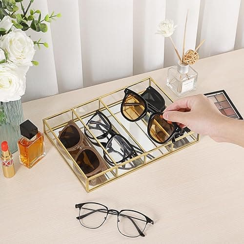 Hipiwe Sunglass Organizer Tray, 4 Grids Eyeglasses Watch Holder Gold Glass Eyewear Glasses Storage Case for Women Men, Mirrored Jewelry Perfume Vanity Display Tray Drawer Divider Insert thumbnail 7
