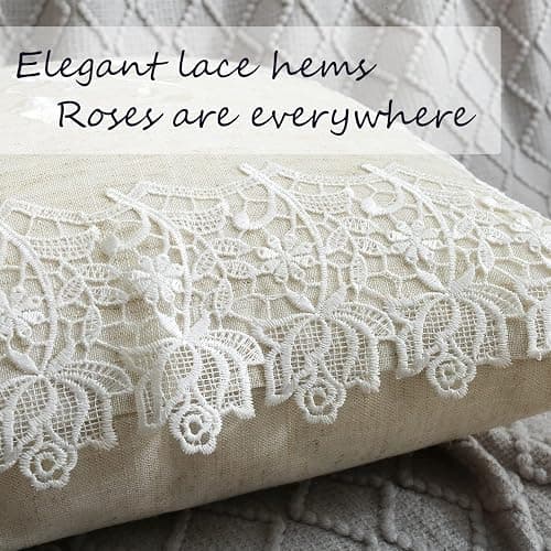 K MASANIJI 2 Pack Embroidered Spring Floral Throw Pillow Cover 18x18 inches, Farmhouse Off White Rose Lace Linen Blended Pillow Shams, Decorative (White Rose, Linen Blended) thumbnail 5