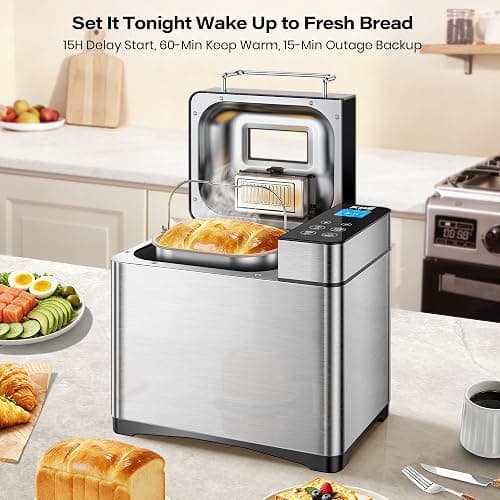KBS Pro 710W 2LB Bread Maker, Stainless Steel 17-in-1 Smart Bread Machine with Healthy Ceramic Pan, Automatic Nut Dispenser, Tempered Glass Touch Panel, 3 Crust Colors, 15H Timer& Keep-Warm, Recipes thumbnail 9
