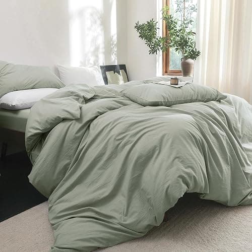 FOSSA Duvet Cover Set 100% Washed Cotton Linen Feel Super Soft Breathable Cozy 3 Pieces Bedding Sets Solid Sage Green Full/Double thumbnail 3