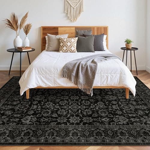 LIVEBOX Washable Area Rug 8x10 - Large Black Boho Living Room Rug Vintage Rugs for Bedroom, Non-Slip Retro Floral Carpet Print Distressed Accent Rugs for Dining Room Home Office thumbnail 4