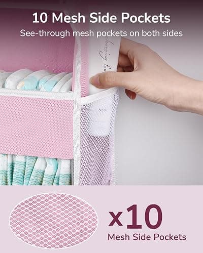 ULG 1 Pack Over Door Organizer with 5 Large Pockets 10 Mesh Side Pockets, 44 lbs Weight Capacity Hanging Storage Organizer with Clear Window Kids Toys, Shoes, Diapers, Pink thumbnail 2