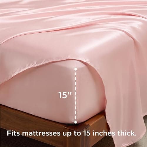 Bedsure Pink silk Sheets Queen Size - 4 Piece Silky Bedsheets with 15 Inches Deep Pocket Fitted Bedsheet,1 Flat Sheet, 2 Satin Pillowcases, Good for Hair & Skin (Queen, Peach Pink) thumbnail 5