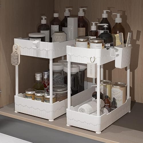 Sevenblue 2 Pack Under Sink Organizer, Under Bathroom Cabinet Organizer with Hooks Hanging Cup, Multi-Purpose Storage Shelf for Kitchen Bathroom (White, 12.8 Inch) - Image 1
