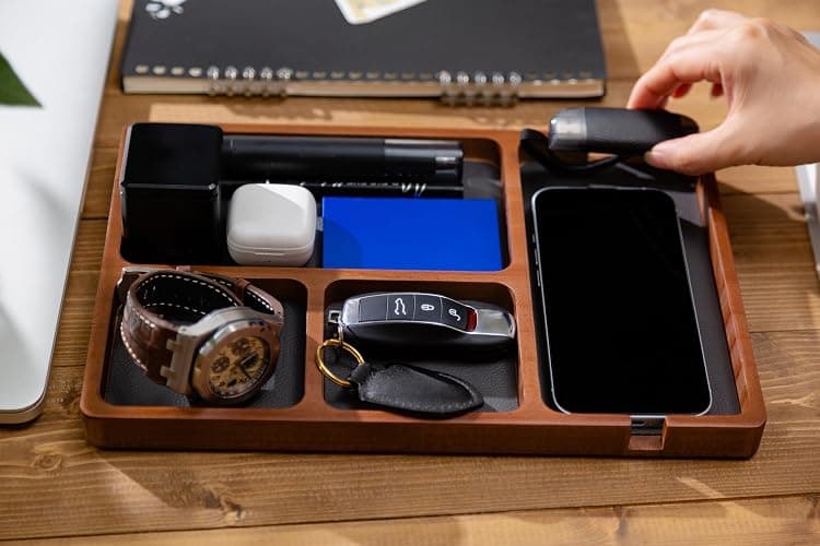 Men's Wooden Valet Tray with Leather Lining Nightstand Organizer, EDC, Catchall Tray - Key Tray, Phone Storage,Valet Tray for Men (Wood) thumbnail 7