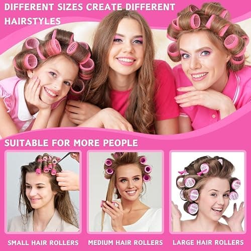 KEYRI 48 Stück Lockenwickler Set Jumbo Groß Haftwickler Selbsthaftend Hair Rollers mit Haar Klammer DIY Locken Ohne Hitze für Lange Mittlere Kurze Salon Friseur (Rosa, 3 Größe) thumbnail 4