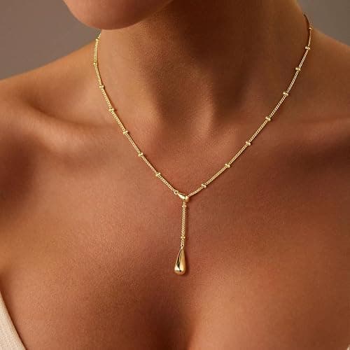 M MOOHAM Gold Necklace for Women Non Tarnish - Dainty 14K Gold Plated Beaded Chain Small Pendant Necklaces Simple Pearl Circle Beads Teardrop Pendant Necklace for Women Trendy Jewelry Gifts thumbnail 2