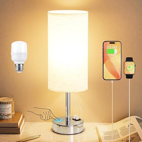 Dicoool Touch Table Lamp for Bedroom Nightstand - Bedside Lamp with USB-C USB-A Charging Ports White, 3 Way Dimmable Small Desk Lamp for Bedroom, Dorm Room, Office, Living Room, Reading, Bathroom - Image 1