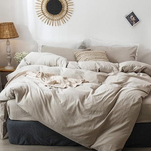 MooMee Bedding Duvet Cover Set 100% Washed Cotton Linen Like Textured Breathable Durable Soft Comfy (Heathered Tannish Linen Grey, Cal King 104"x98") - Image 1