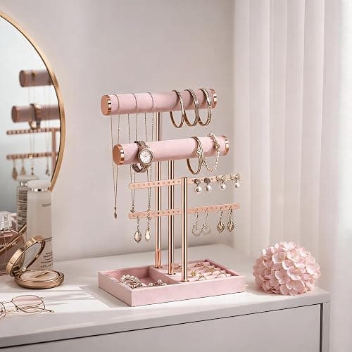 Josmimic 3 Tier Bracelet Holder Display - Detachable T Bar Pink Velvet Bracelet Holder, Jewelry Holder Organizer for Bracelet, Necklace, Watches, Rings thumbnail 7