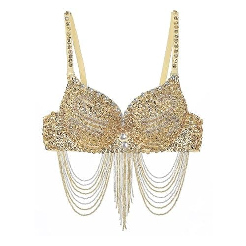 Women's Sequin Beads Bra Crop Top Fringe Rhinestone Sequin Club Bra Spaghetti Straps Underwire Push Up Bustier - Image 1