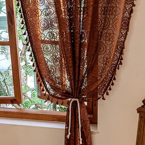 YJ YANJUN Boho Lace Curtains 54 inch Length 2 Panels -Vintage Floral Crochet Sheer Panels with Tassel for Living Room Bedroom Light Filtering Neutral Rustic Fall Winter Drapes Caramel Brown W59 x L54 thumbnail 2