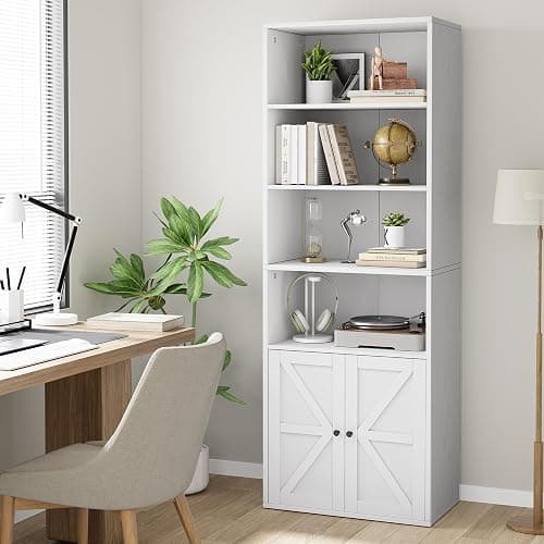 IDEALHOUSE Bookcase with Doors Industrial Bookshelf 11.8in Depth Display Storage Shelves 71.4in Tall Farmhouse Bookcases Wooden 6 Shelf Bookshelvels for Bedroom, Living Room, Home Office (White) - White thumbnail 9