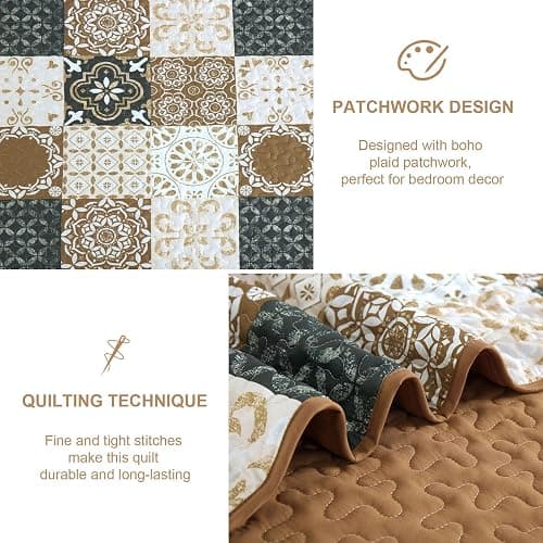 Dobuyly Brown Quilt Set Queen Size, Boho Plaid Patchwork Bedspreads Coverlet Set, 3 Pieces Soft Lightweight Microfiber Fall Quilt Bedding Set for All Seasons 96"x90" thumbnail 5