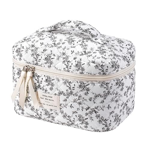uekeboag Large Travel Quilted Makeup Bag for Women, Floral Cotton Cosmetic Bag, Coquette Aesthetic Floral Toiletry Organizer Bag - Image 1
