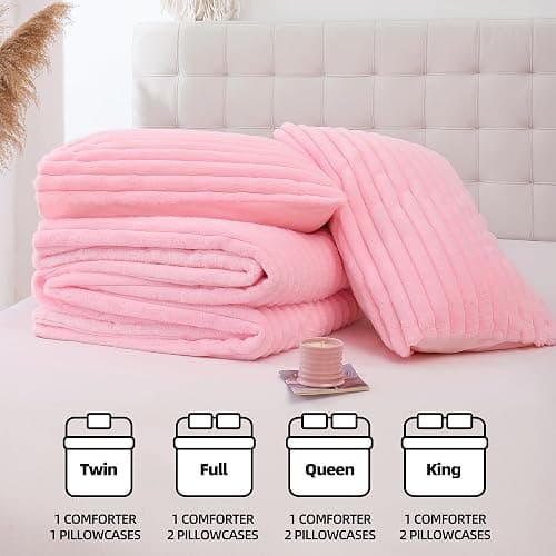 Smoofy Fluffy Queen Comforter Set 3 Pieces - Pink Fleece Fluffy Comforter Set, Luxury Fuzzy Queen Bedding Set, Soft Warm Bed Set All Season, Heavy Faux Fur Comforter with 2 Pillow Cases thumbnail 7