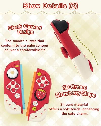 GeekShare Strawberries with Cream Case Compatible with Switch 2, Slim Separable Soft Silicone Protective Shell with 2 Thumb Grip Caps -- Red thumbnail 4