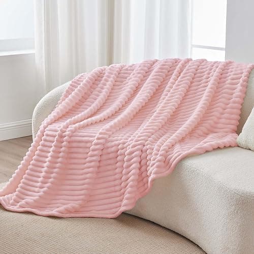 BEDELITE Throw Blanket for Couch - 300GSM Soft & Warm Fluffy Pink Blanket, Decorative and Giftable Striped Blankets for Women, Men, 50"x70" thumbnail 7