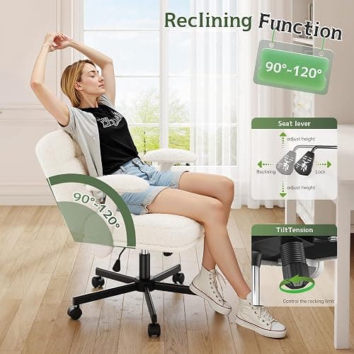 DurayLoly Criss Cross Chair with Wheels, Criss Cross Office Chair with Flip-up Armrests, Vanity Chair for Bedroom, Home Office, Apartment, Plush Fabric, White thumbnail 4