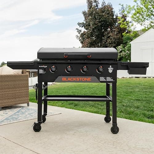 Blackstone Original 36" Griddle, Portable Outdoor Grill with Built-In Hood, Black - Includes Extendable Side Shelves and Caster Wheels | Powder Coated Steel, 4 Burner, Propane, Extendable Side Shelf thumbnail 2