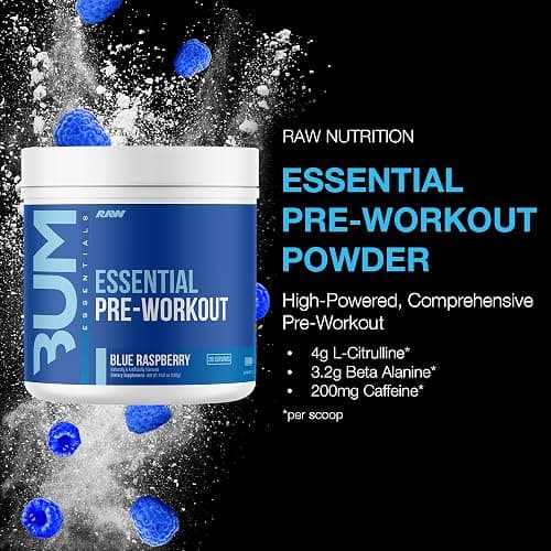 RAW Nutrition - Essential Pre - Chris Bumstead Pre Workout Formula, Sports Nutrition Pre-Workout Powders | Men & Womens Drink, Energy Powder for Working Out (Blue Raspberry) thumbnail 3