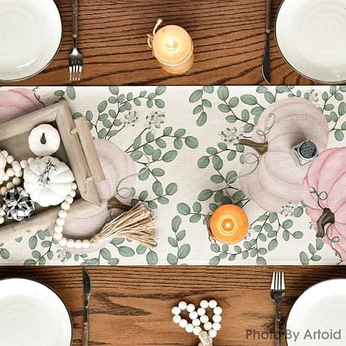 Artoid Mode Pink Pumpkins Eucalyptus Fall Table Runner, Seasonal Autumn Thanksgiving Kitchen Dining Table Decoration for Home Party Decor 13x72 Inch - 13" x 72", Table Runner - Pink thumbnail 5
