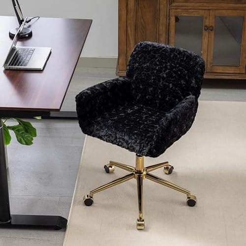 Beuiosda Faux Fur Vanity Makeup Desk Chair, Comfy Upholstered Office Chair with Wheels and Gold Metal Base, Modern Accent Swivel Vanity Chair Adjustable High, Chassis Can Be Tilted 40° (Black) - Image 1