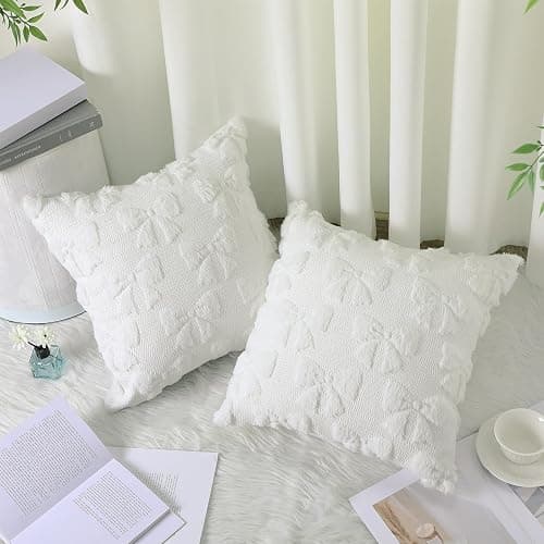 Mixweer Bow Pillow Covers Set of 2 Coquette Room Decor Cute Faux Fur Soft Coquette Bowknot Preppy Stuff Fluffy Plush Aesthetic Pillow Covers for Bed Sofa Couch(18 x 18 Inch,Cream White) thumbnail 4